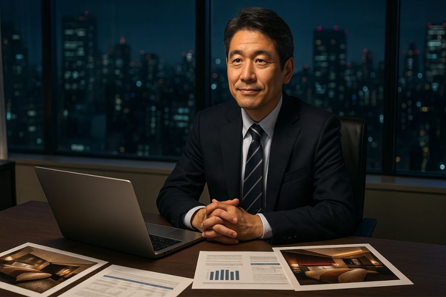 ラブホテル経営者が集客戦略を検討する様子。競合激化と差別化の課題に向き合うホテル経営