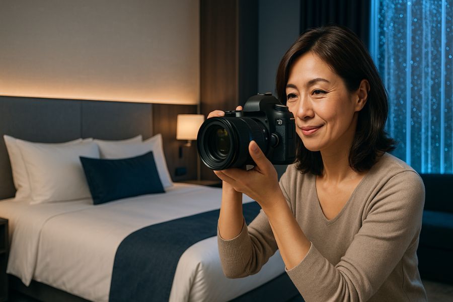 ラブホテルのリニューアル客室をプロカメラマンが撮影している様子。予約サイト用の写真撮影でROI最大化を目指す戦略的マーケティング活動