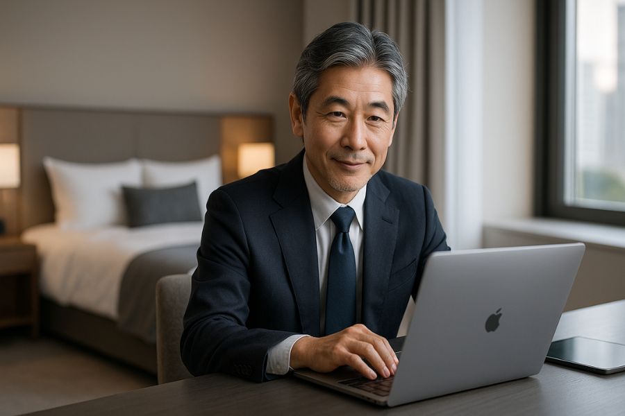 ラブホテルのリニューアル投資を分析する経営者。ノートPCで費用対効果を検討し、ROI最大化を目指す様子