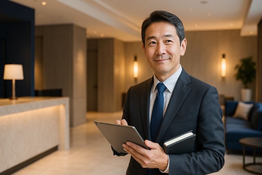 ラブホテルのリニューアル計画を検討する経営者。タブレットを持ち洗練された施設内を視察し、戦略的な内装改善を計画している様子