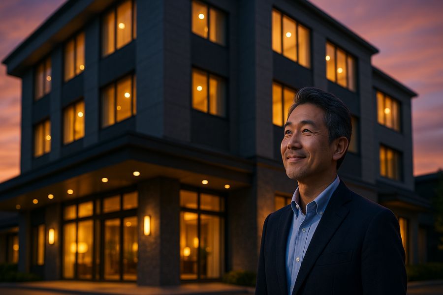 内装リニューアルを完了したラブホテルの外観。夕暮れ時に温かい照明が灯り、成功したリニューアルと未来への期待を感じさせる経営者の姿