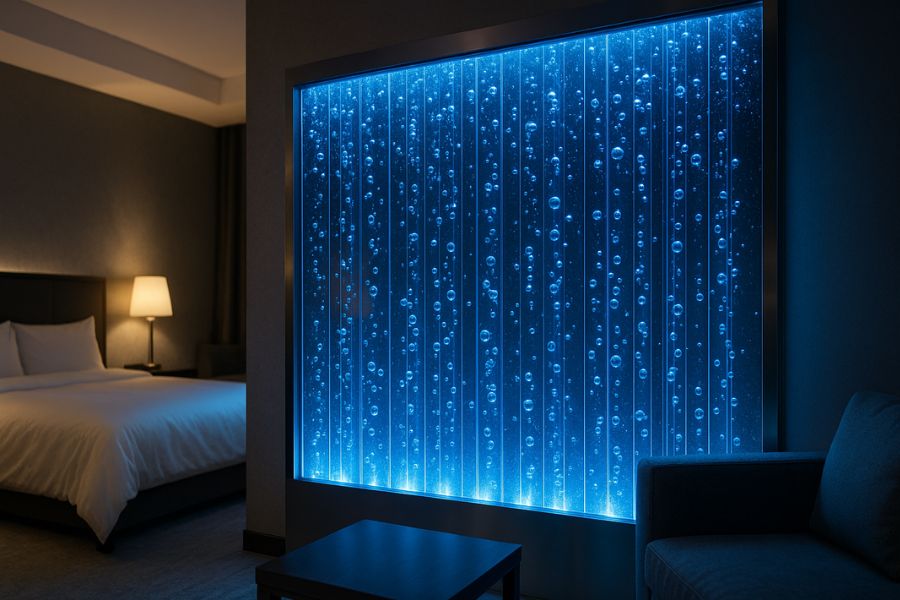 ラブホテルの集客を増やすウォーターインテリア導入例。バブルウォールが美しく光る高級客室の非日常空間演出