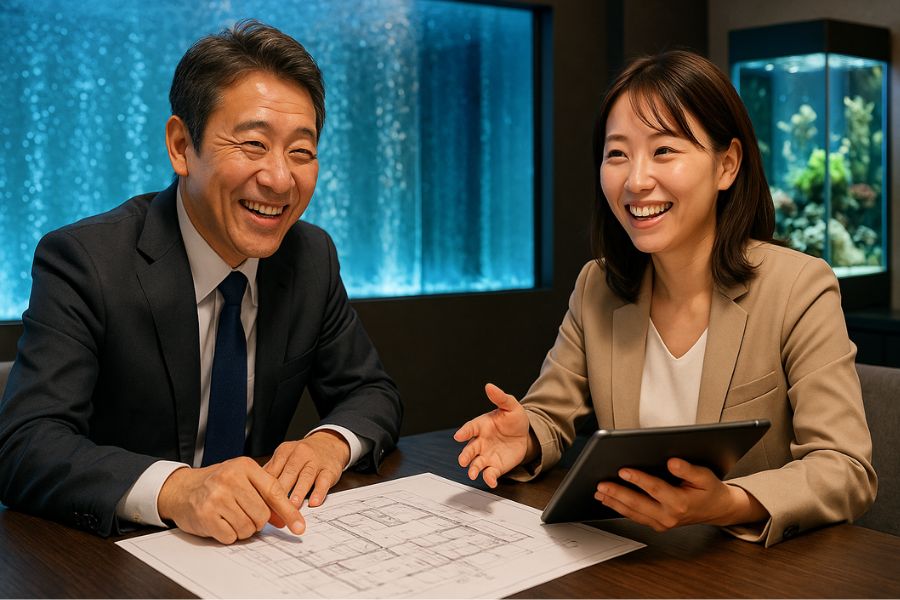 ラブホテルのウォーターインテリア導入計画。経営者と専門デザイナーが成功のための戦略を協議