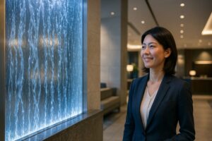 店舗内装に水の演出を取り入れた高級商業空間でウォーターウォールを眺める日本人経営者