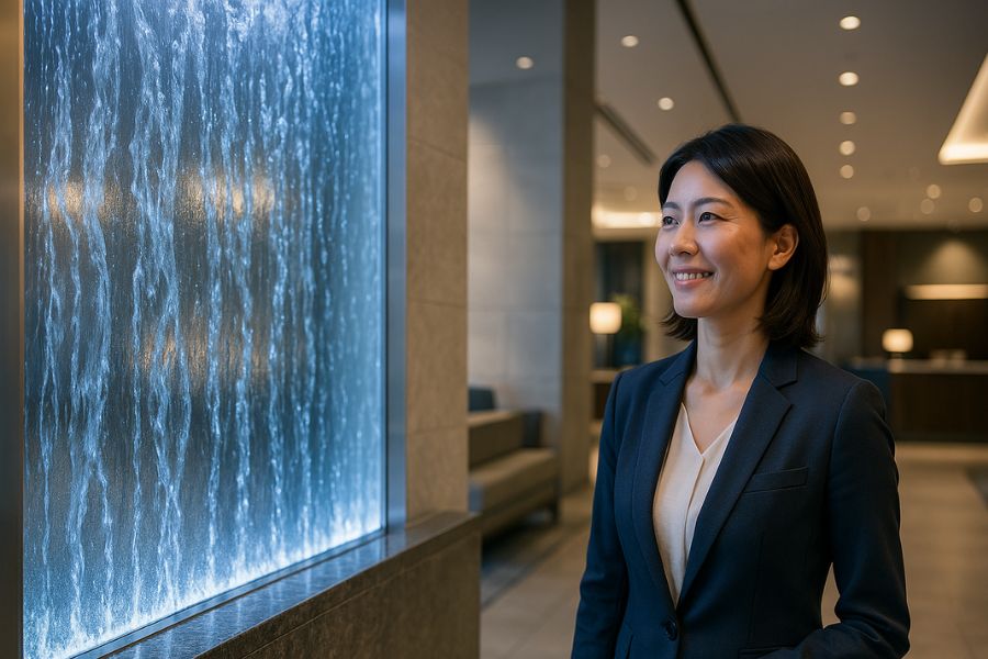 店舗内装に水の演出を取り入れた高級商業空間でウォーターウォールを眺める日本人経営者