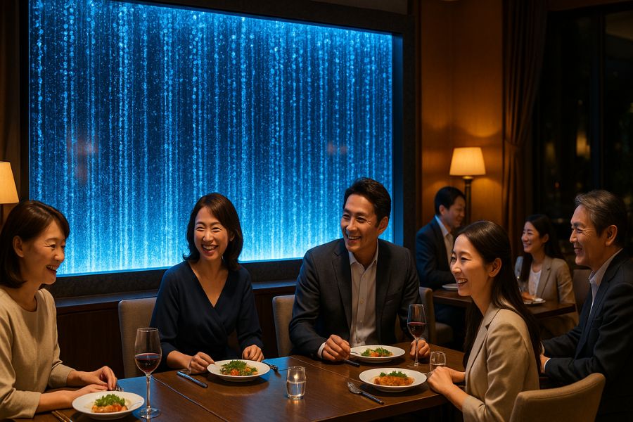 高級ホテルラウンジの大型ウォーターウォールで優雅に過ごす日本人顧客グループ