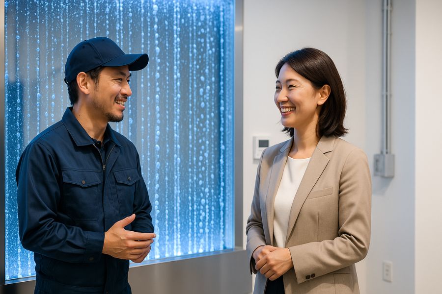 ウォーターインテリア設置完了後に専門技術者と満足そうに話す店舗経営者
