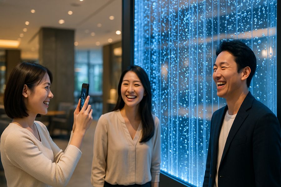 商業施設のウォーターウォールをスマートフォンで撮影するSNS時代の顧客たち