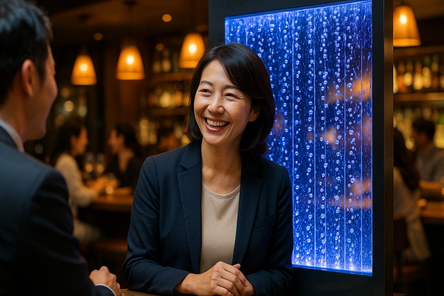 バブルウォール導入で繁盛する店舗の成功に笑顔を見せる日本人オーナー