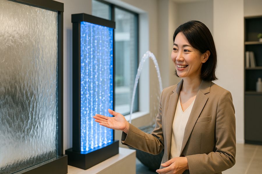 ウォーターウォールとバブルウォールなど複数タイプを比較するインテリアデザイナー