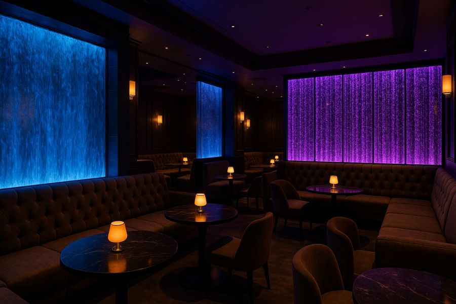 ウォーターウォールとバブルウォールを活用したキャバクラの差別化戦略、LED照明による独自空間演出