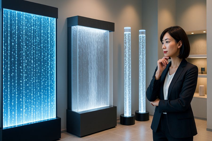 バブルウォールと他のウォーターインテリアの耐久性・耐用年数を比較できるショールーム展示