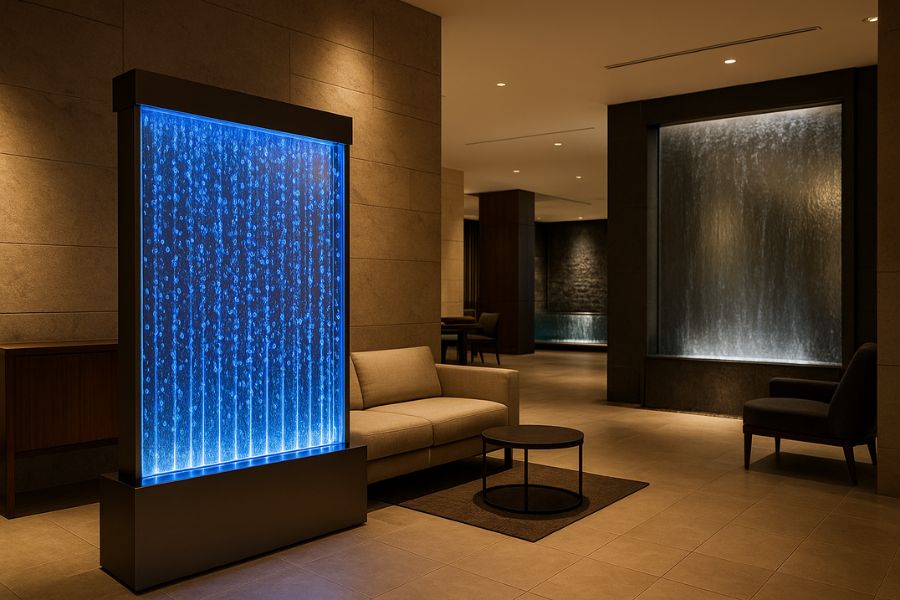 ラブホテルへのウォーターインテリア導入事例。バブルウォールとウォーターウォールの多様な設置パターン