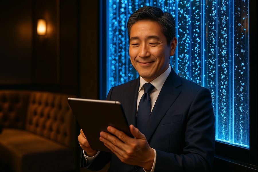 キャバクラ経営者がバブルウォールの投資効果を確認、導入費用とROIを検討する実務的シーン