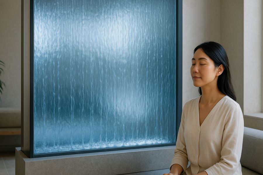 ウォーターウォールの癒し効果でリラックスする女性客のいるウェルネス空間