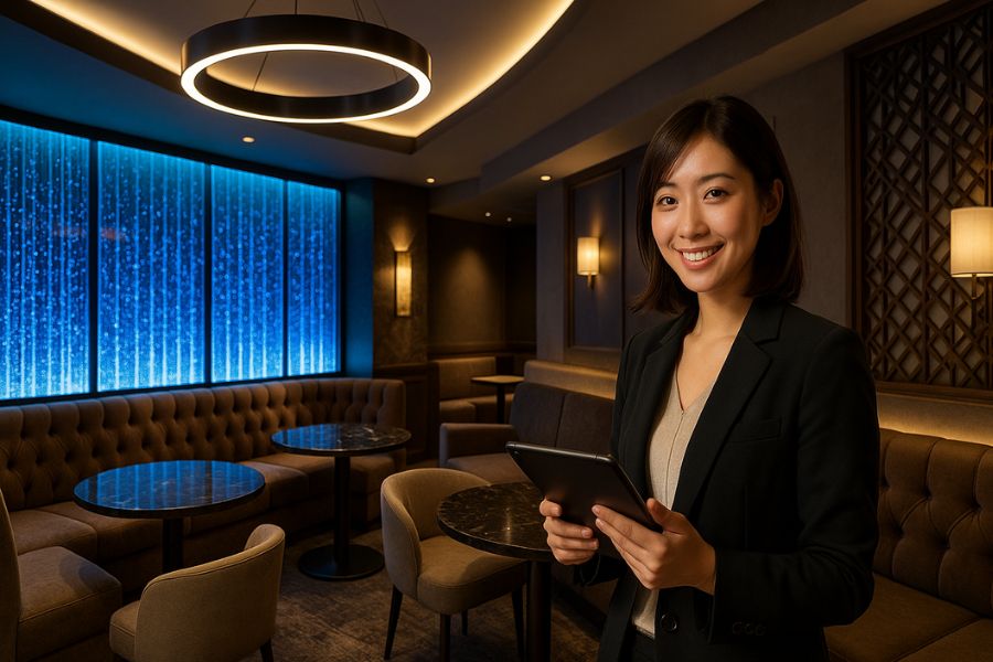 キャバクラ内装の7つのデザインポイント、照明・家具・配色が調和した高級空間にバブルウォールを配置したVIP席エリア