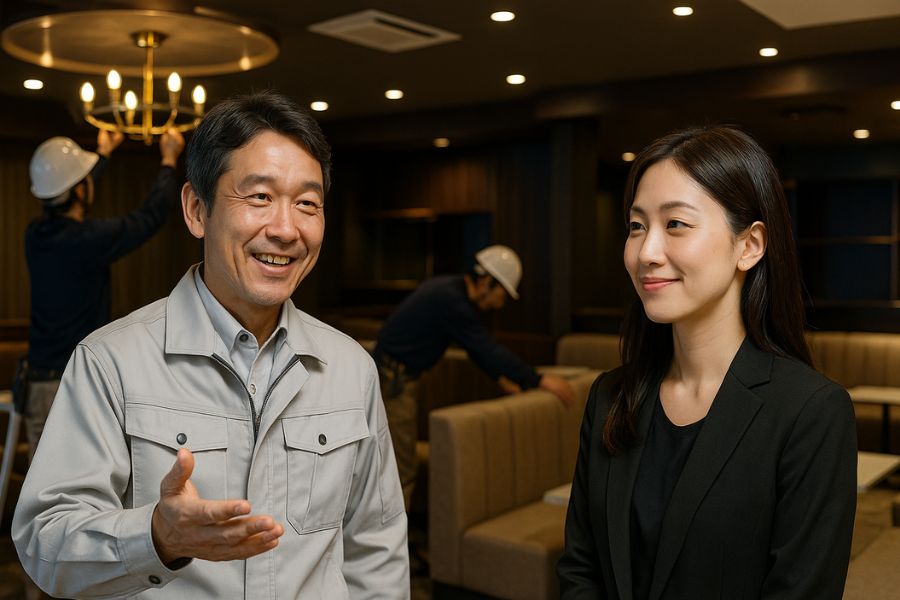 キャバクラ内装業者の選び方、施工現場で品質を確認する経営者と専門業者のコミュニケーションの様子