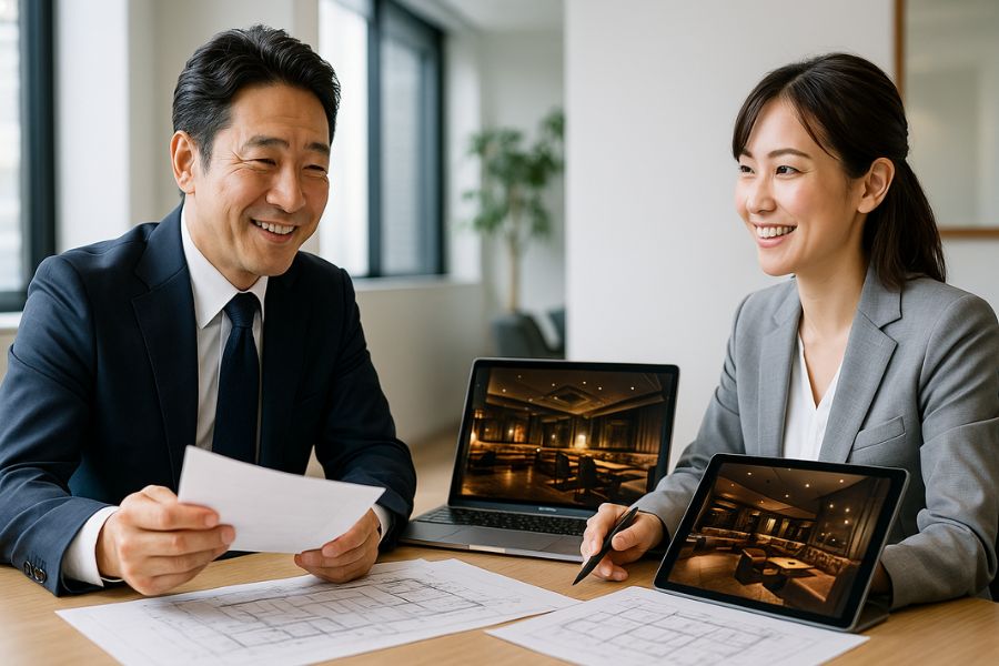 キャバクラ内装工事の費用相場と予算配分、経営者とデザイン会社が見積もりと設計図を確認する打ち合わせの様子