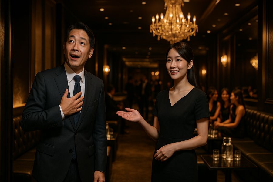 キャバクラの店舗デザインと売上への影響、高級感のある内装で顧客を迎えるエントランスと満席の店内の様子