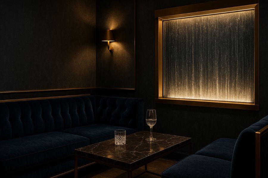 キャバクラの内装デザイン例。ウォーターウォールとダークトーンの壁面で高級感を演出