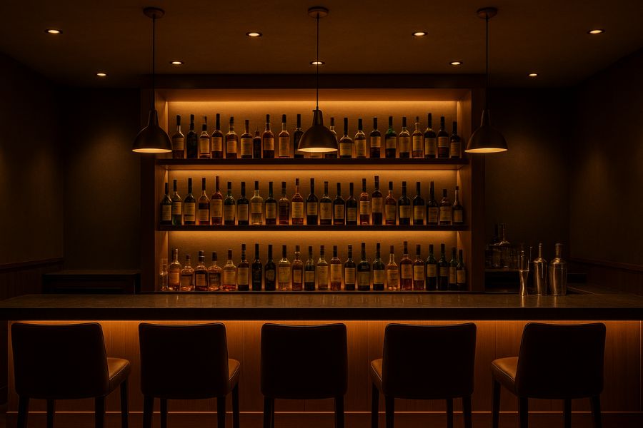 キャバクラの照明演出。バーカウンターのペンダントライトと間接照明による高級感ある空間づくり