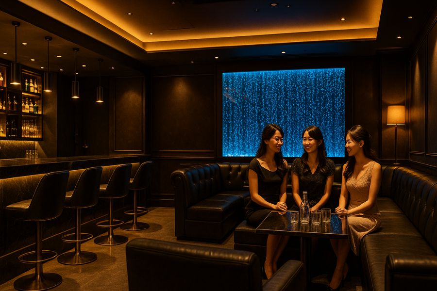 高級感あふれるキャバクラの店舗デザイン、黒とゴールドを基調とした内装空間にバブルウォールを設置した洗練されたカウンターとVIP席