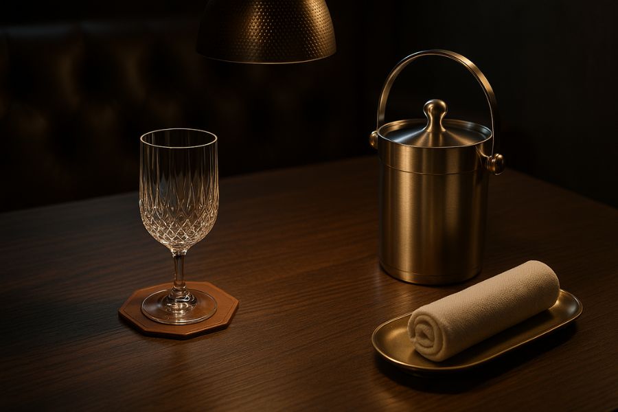 高級感を演出するキャバクラのテーブルセッティング。クリスタルグラスと上質な備品で差別化