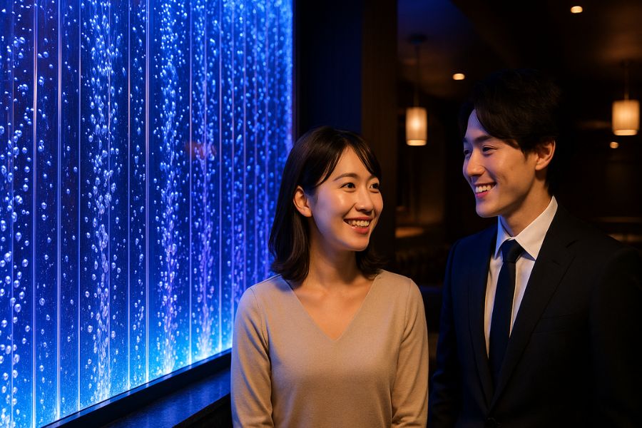 ホストクラブに設置されたバブルウォール、LED照明で演出する水の癒し効果と差別化デザイン