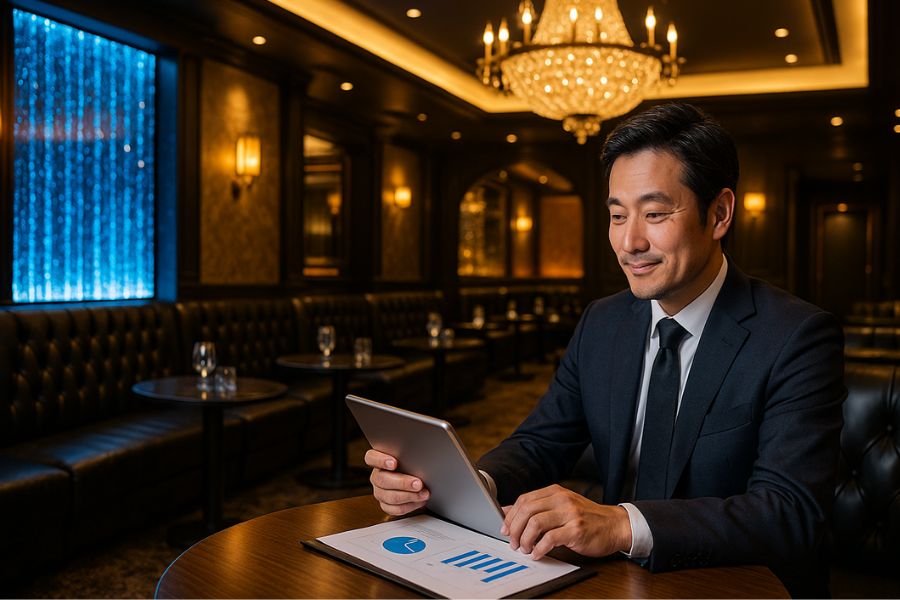 ホストクラブ内装の費用対効果を検討する経営者、投資価値と回収計画の分析