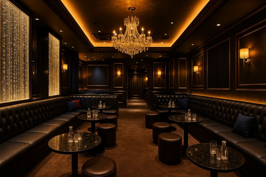高級感あふれるホストクラブの内装デザイン、暖色系照明とゴールド配色のメインフロア
