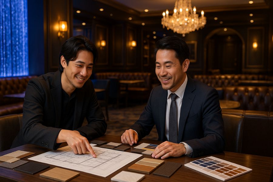 ホストクラブ内装デザインの実践的な計画立案、経営者とデザイナーの打ち合わせ風景