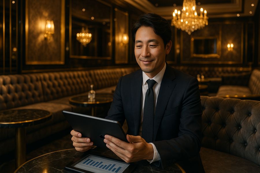 ホストクラブVIP席の経営効果を確認する経営者、客単価向上とブランド価値を表現する高級内装