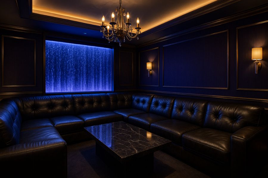 ホストクラブVIP席の高級内装デザイン、バブルウォールとゴールドアクセントの洗練された空間