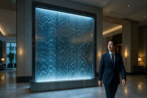 高級ホテルのエントランスに設置された大型ウォーターウォール、透明なガラス面を流れる水が美しい癒しの空間を演出