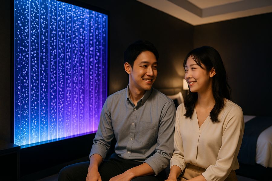 バブルウォールを設置したラブホテルのプレミアム客室で差別化戦略を体験する日本人カップル