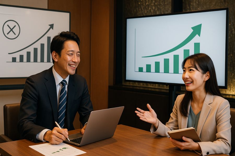 ウォーターウォールのある会議室でラブホテル差別化の失敗回避策を議論する経営者とスタッフ