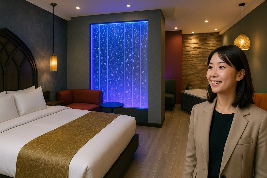 バブルウォールとテーマ性のあるインテリアで差別化された高級ラブホテル客室の多様な設計要素