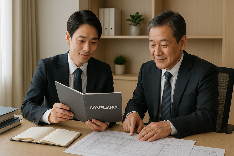 ラブホテル経営における法令遵守について行政書士と相談する経営者のビジネスオフィス