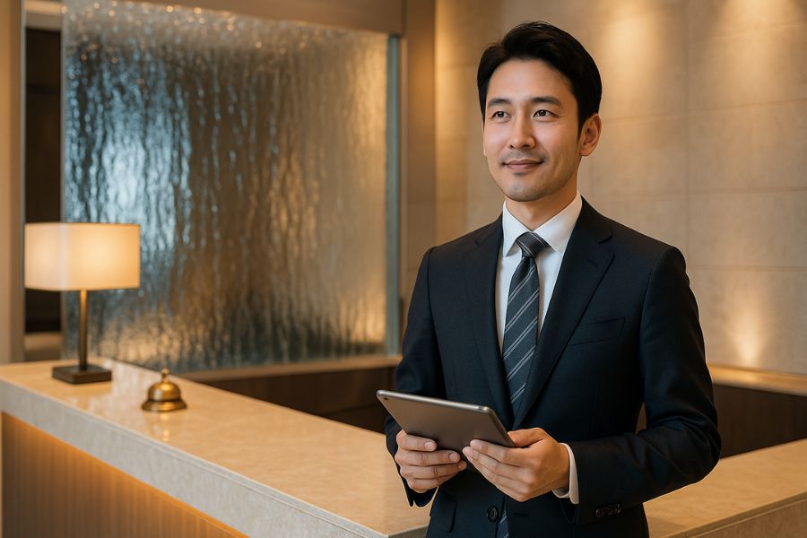 ウォーターウォールを配置したモダンなラブホテル受付エリアで経営データを確認する日本人経営者