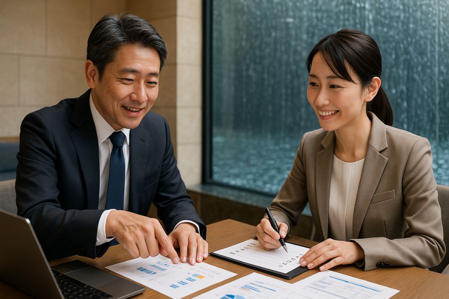 ウォーターウォールのある会議スペースで差別化戦略の事前計画を確認するラブホテル経営者とコンサルタント