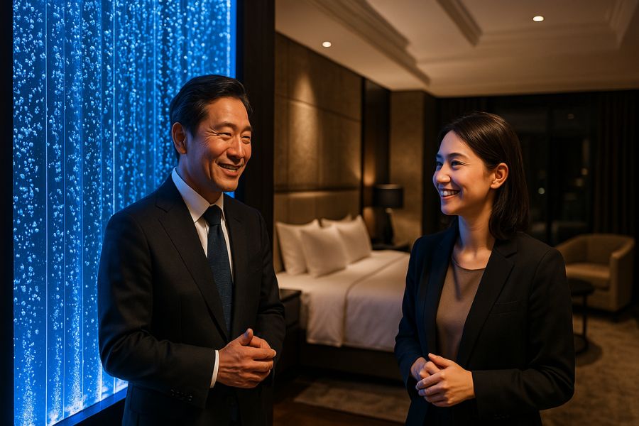 大型バブルウォール設置による投資対効果を確認するラブホテル経営者とマネージャー