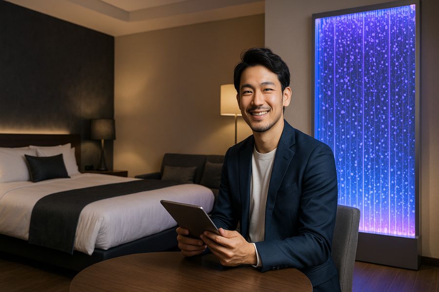 段階的投資戦略により複数の差別化要素を調和させたラブホテル客室で投資データを確認する経営者