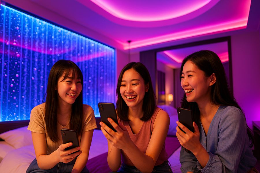 バブルウォールのあるSNS映えするラブホテル客室でスマートフォン撮影を楽しむ日本人女性グループ