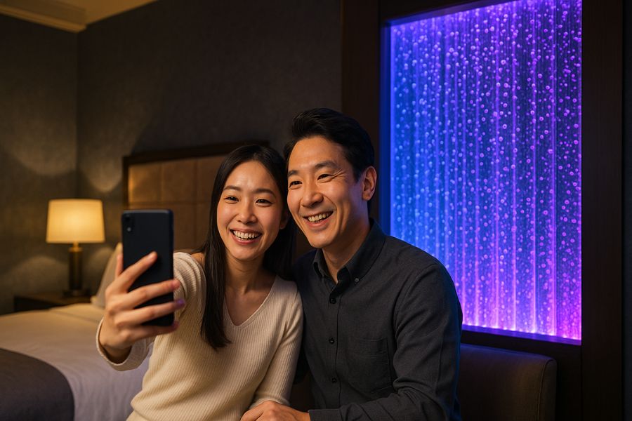 バブルウォールとLED照明で差別化に成功したラブホテル客室を楽しむ日本人カップル