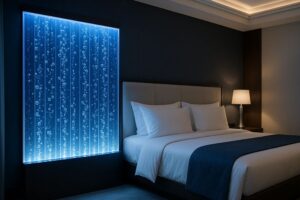 ラブホテルの高級客室に設置されたバブルウォールによる水のインテリア演出で集客力を高める事例