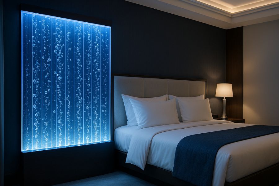 ラブホテルの高級客室に設置されたバブルウォールによる水のインテリア演出で集客力を高める事例