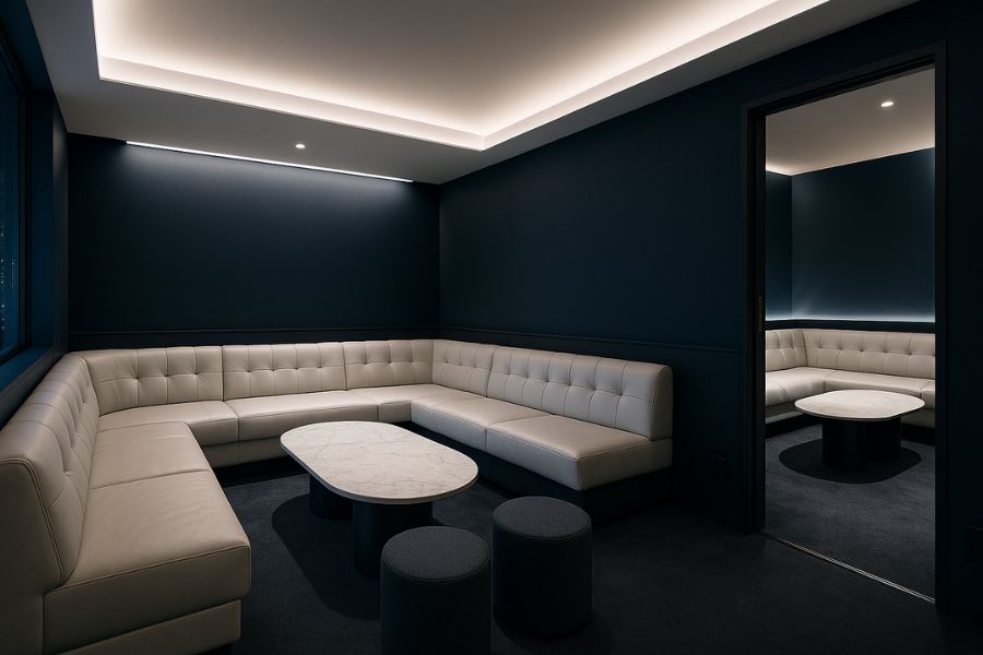 実践的なVIP席デザインパターン、段差設計とプライバシー確保の高級ホストクラブ内装事例