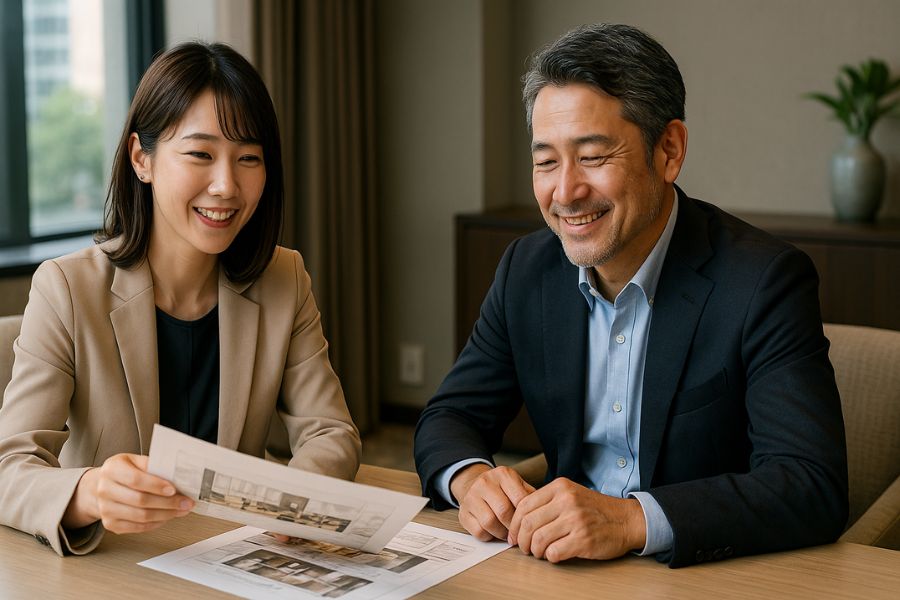  VIP席内装の費用対効果を検討する経営者とデザイナーの相談風景