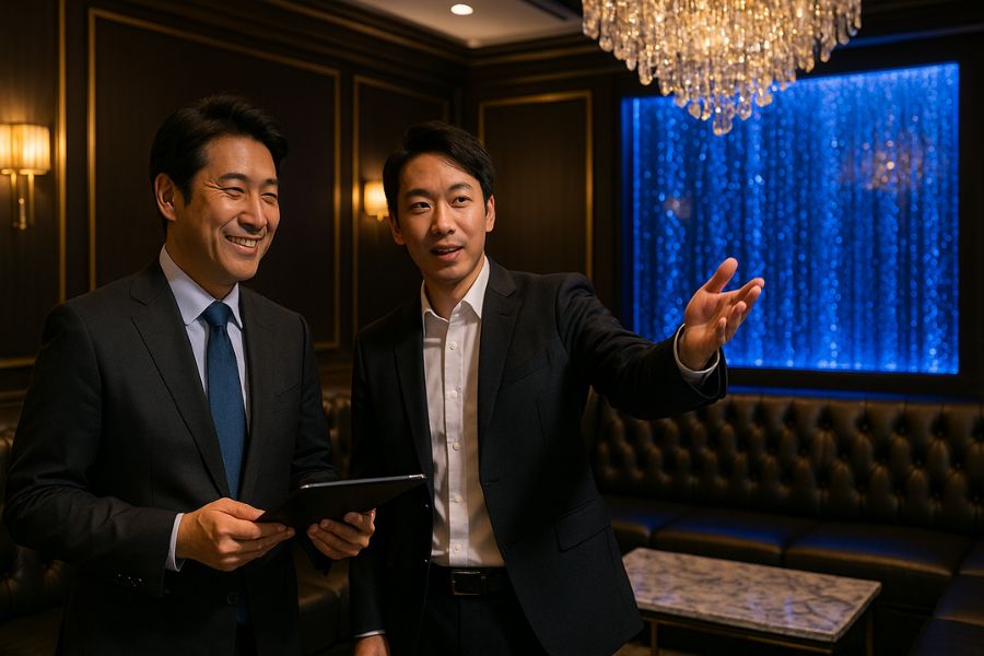 差別化されたホストクラブVIP席、バブルウォールと高級素材で競合優位性を表現する内装デザイン