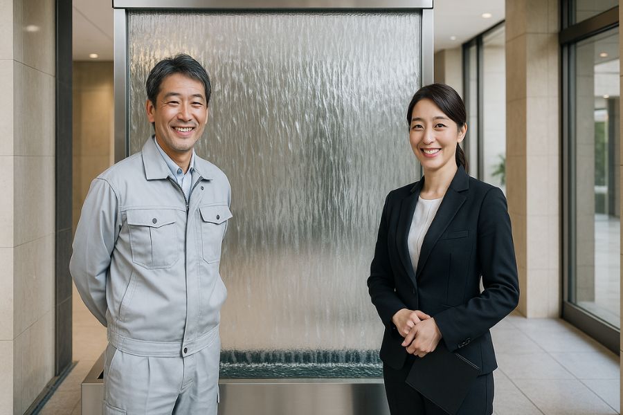 ホテルエントランスでのウォーターウォール設置完了、専門技術者と施設管理者が施工品質を確認する様子